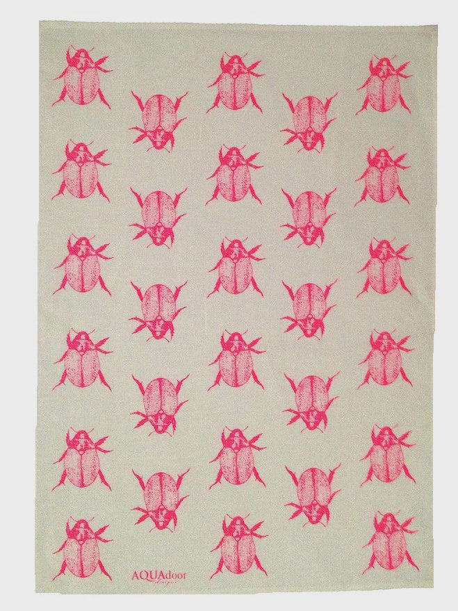Neon Pink Christmas Beetle Linen Tea Towel / Off White