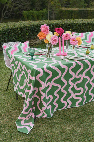 Green & Highlighter Pink Spaghetti off-white Linen Tablecloth / 350 x 145