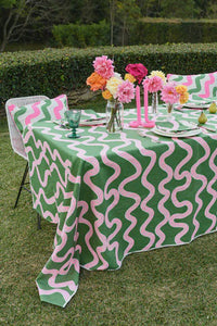 Green & Highlighter Pink Spaghetti off-white Linen Tablecloth / 350 x 145