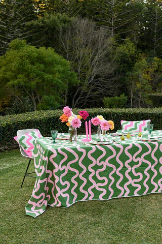 Green & Highlighter Pink Spaghetti off-white Linen Tablecloth / 350 x 145