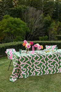 Green & Highlighter Pink Spaghetti off-white Linen Tablecloth / 350 x 145