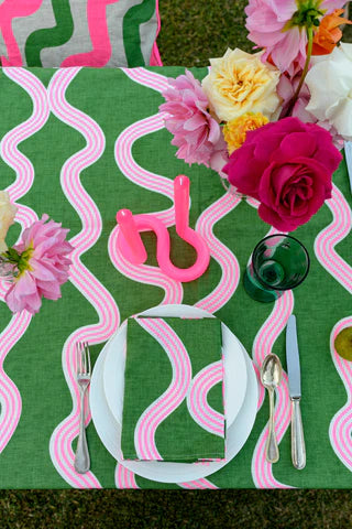 Green & Highlighter Pink Spaghetti off-white Linen Tablecloth / 350 x 145