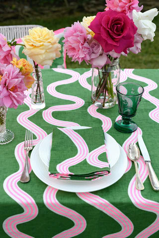 Green & Highlighter Pink Spaghetti off-white Linen Tablecloth / 350 x 145