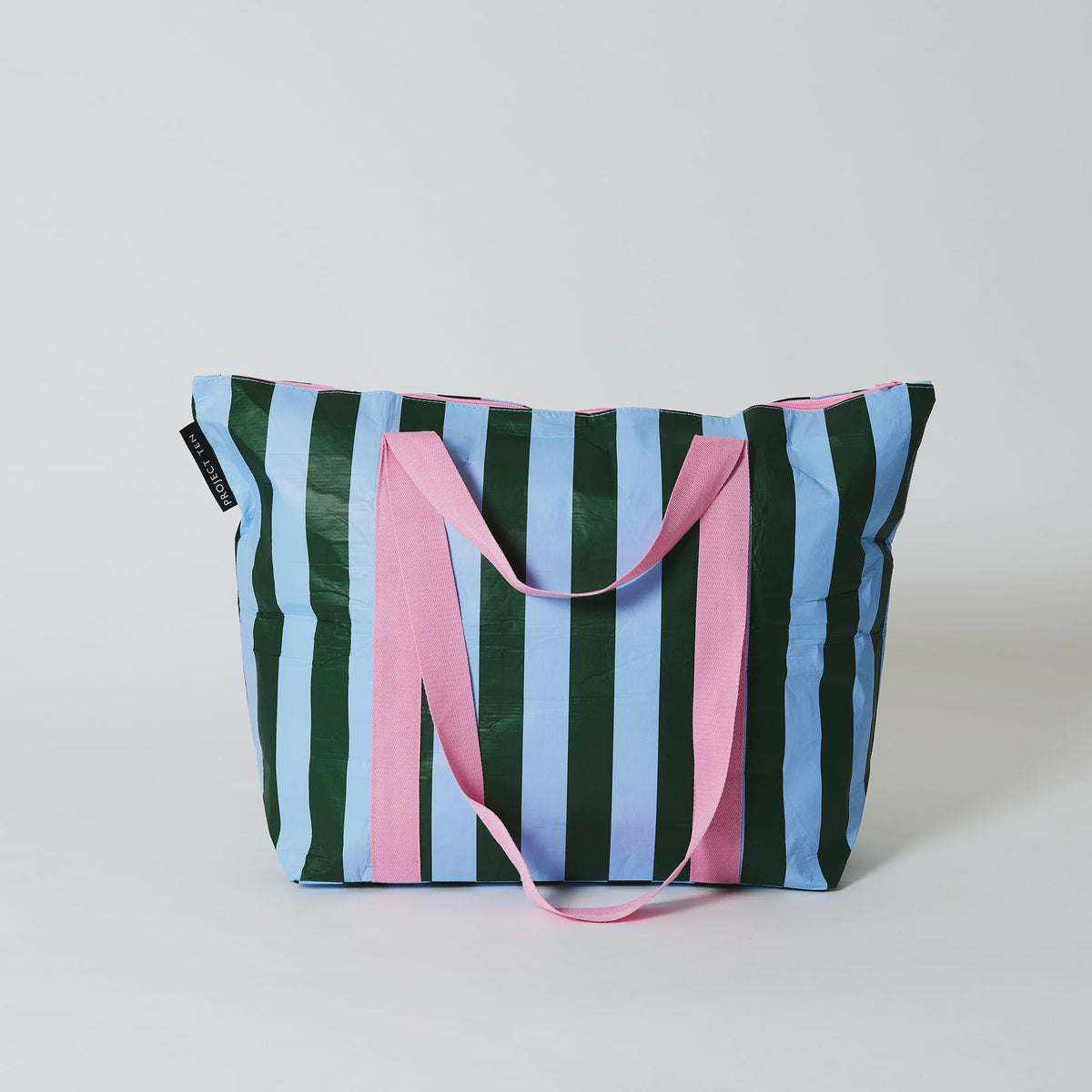 Green & Blue Stripe Medium Zip Tote