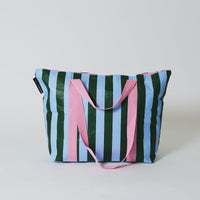 Green & Blue Stripe Medium Zip Tote