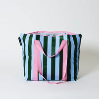 Green & Blue Stripe Medium Zip Tote