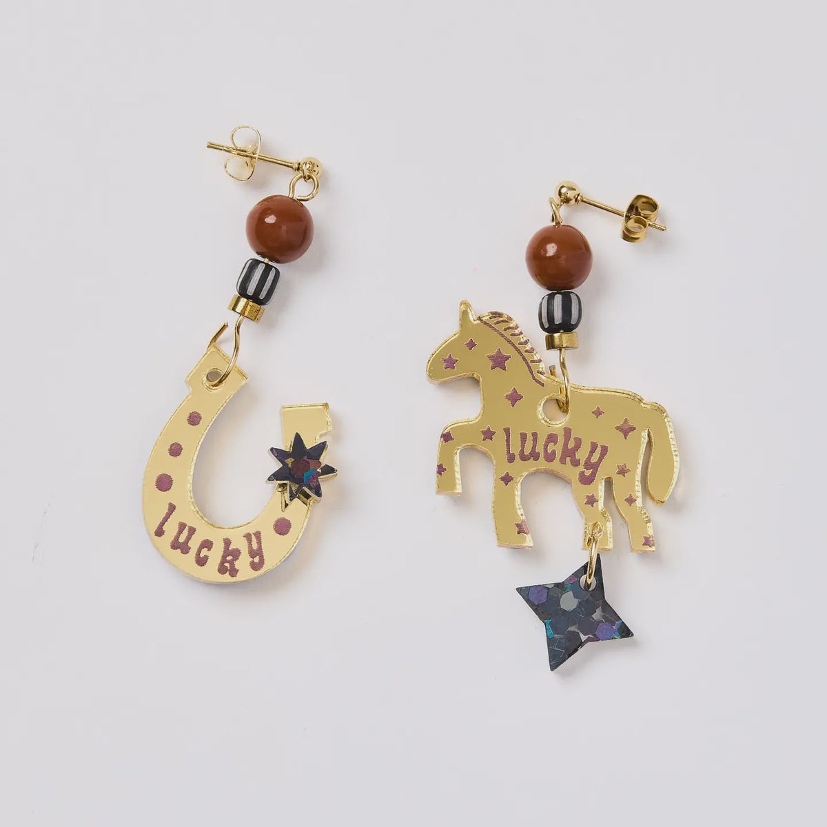Gold & Pink Lucky Horse & Shoe Earrings