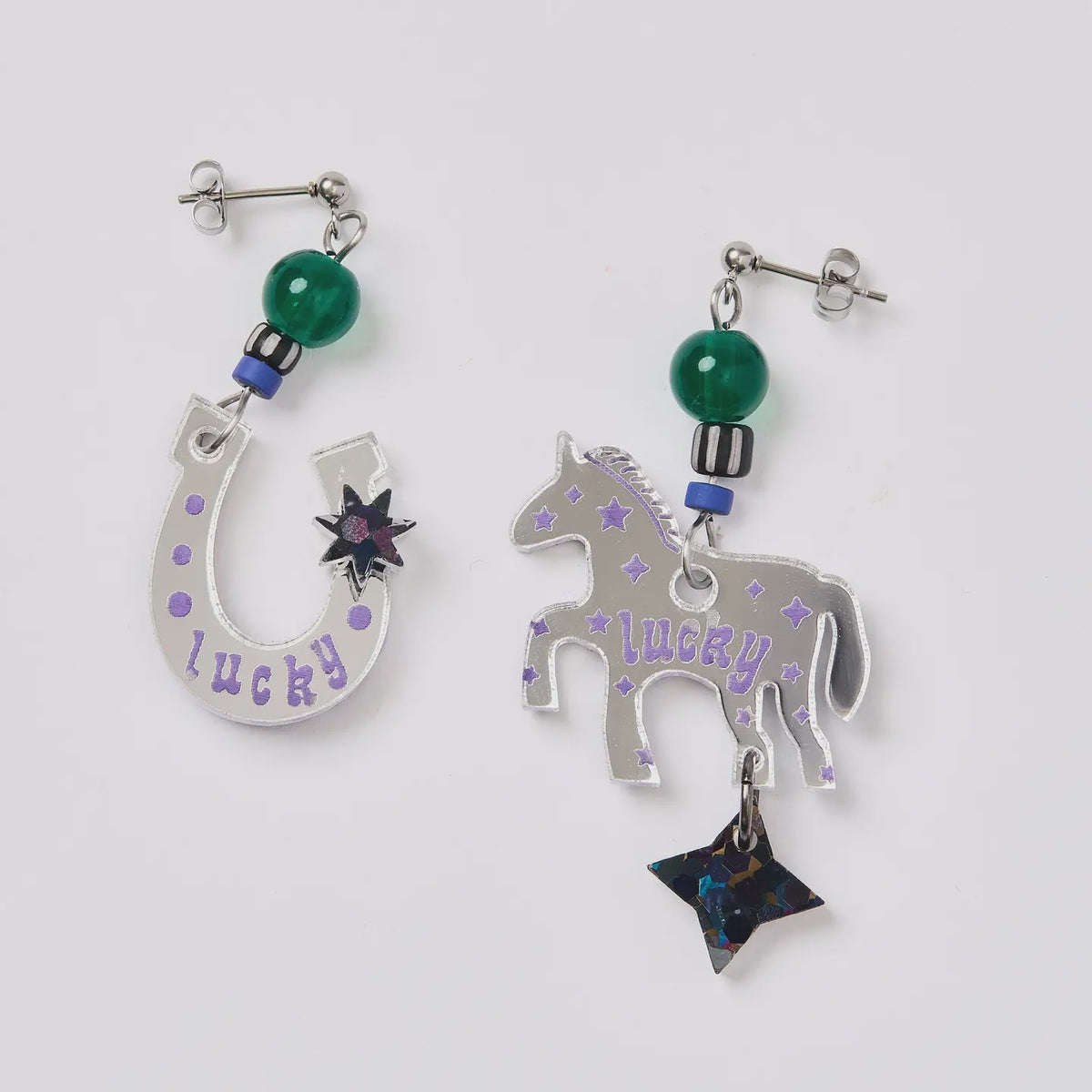 Silver & Purple Lucky Horse & Shoe Earrings