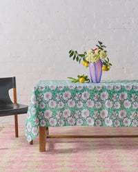 Tumbling Flowers Green Linen Tablecloth / Large Rectangular