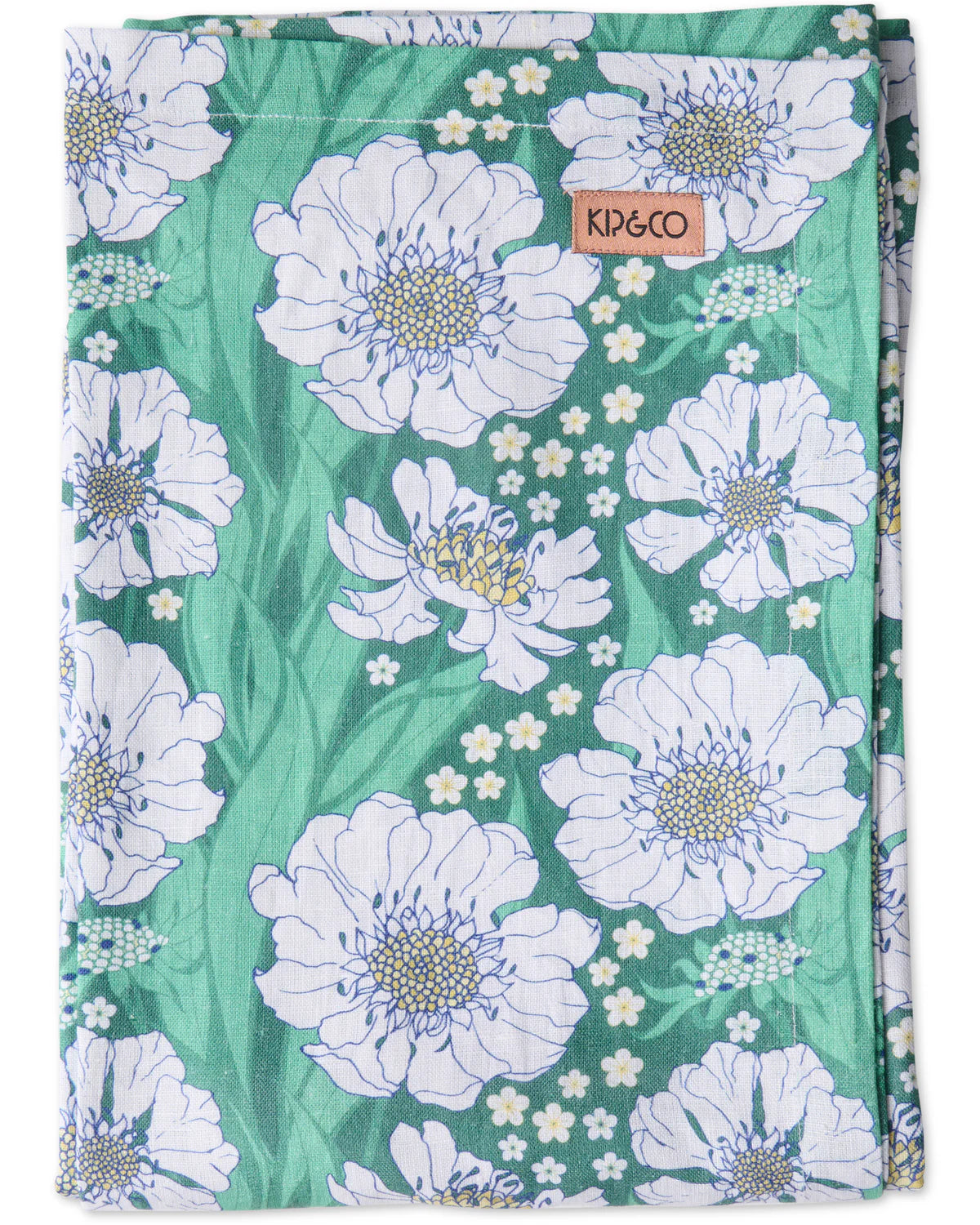 Tumbling Flowers Green Linen Tablecloth / Large Rectangular