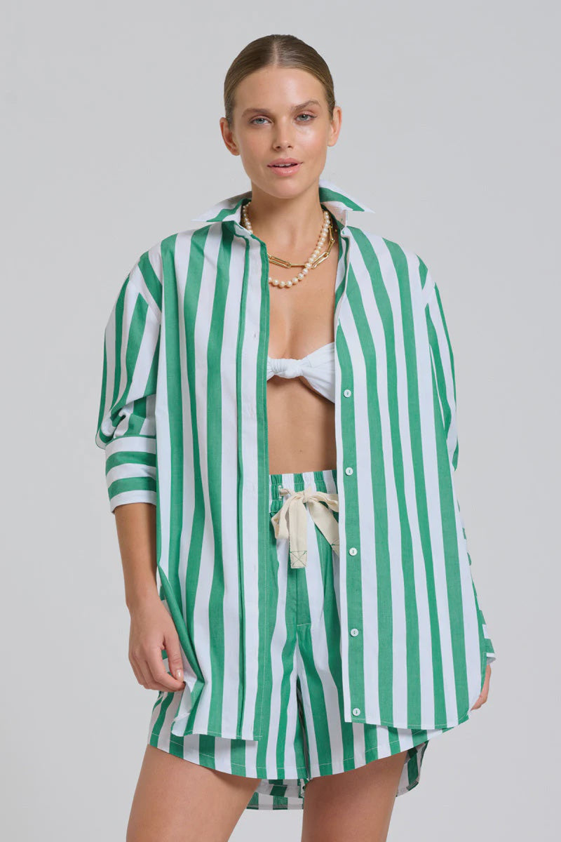 The Andrea Shirt- Green Wide Stripe