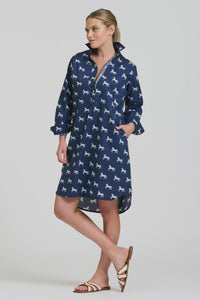 The Popover Shirtdress- Navy with Pony Prance