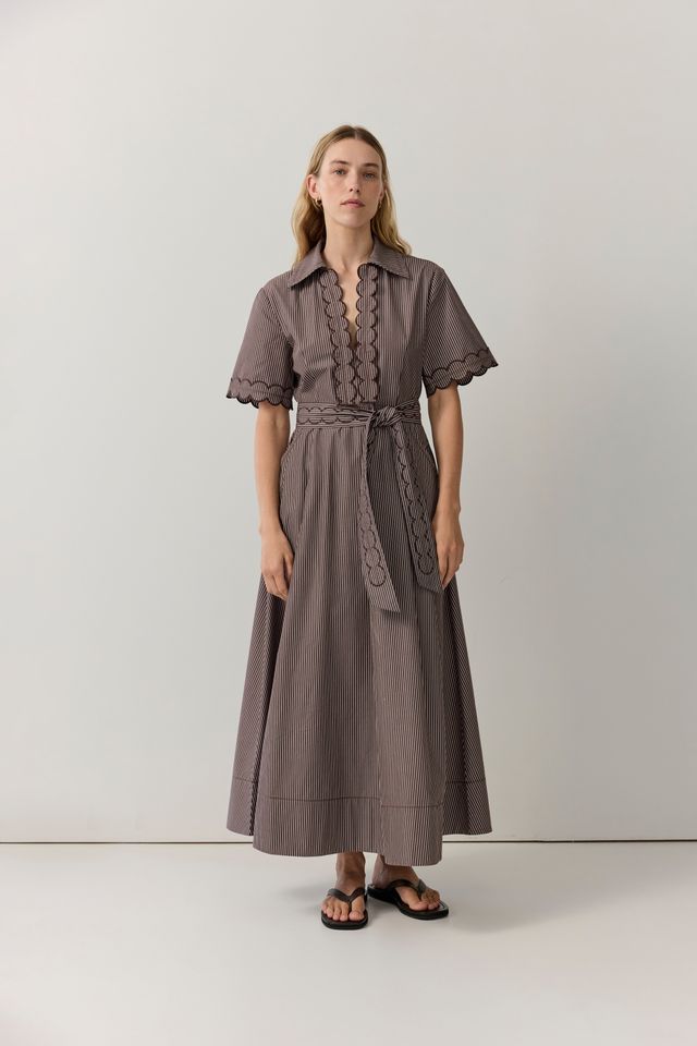 Poplin Stripe Scallop Trim Shirt Dress - Chocolate