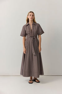 Poplin Stripe Scallop Trim Shirt Dress - Chocolate