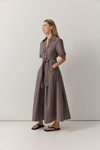 Poplin Stripe Scallop Trim Shirt Dress - Chocolate