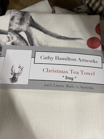Stag Christmas Linen Tea Towel