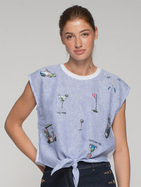 Aliza 500 Stripe Linen Embroidered Singlet Top
