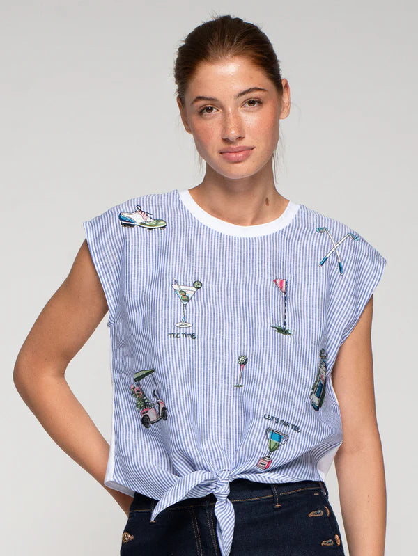 Aliza 500 Stripe Linen Embroidered Singlet Top