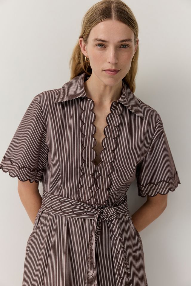 Poplin Stripe Scallop Trim Shirt Dress - Chocolate