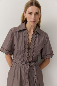 Poplin Stripe Scallop Trim Shirt Dress - Chocolate