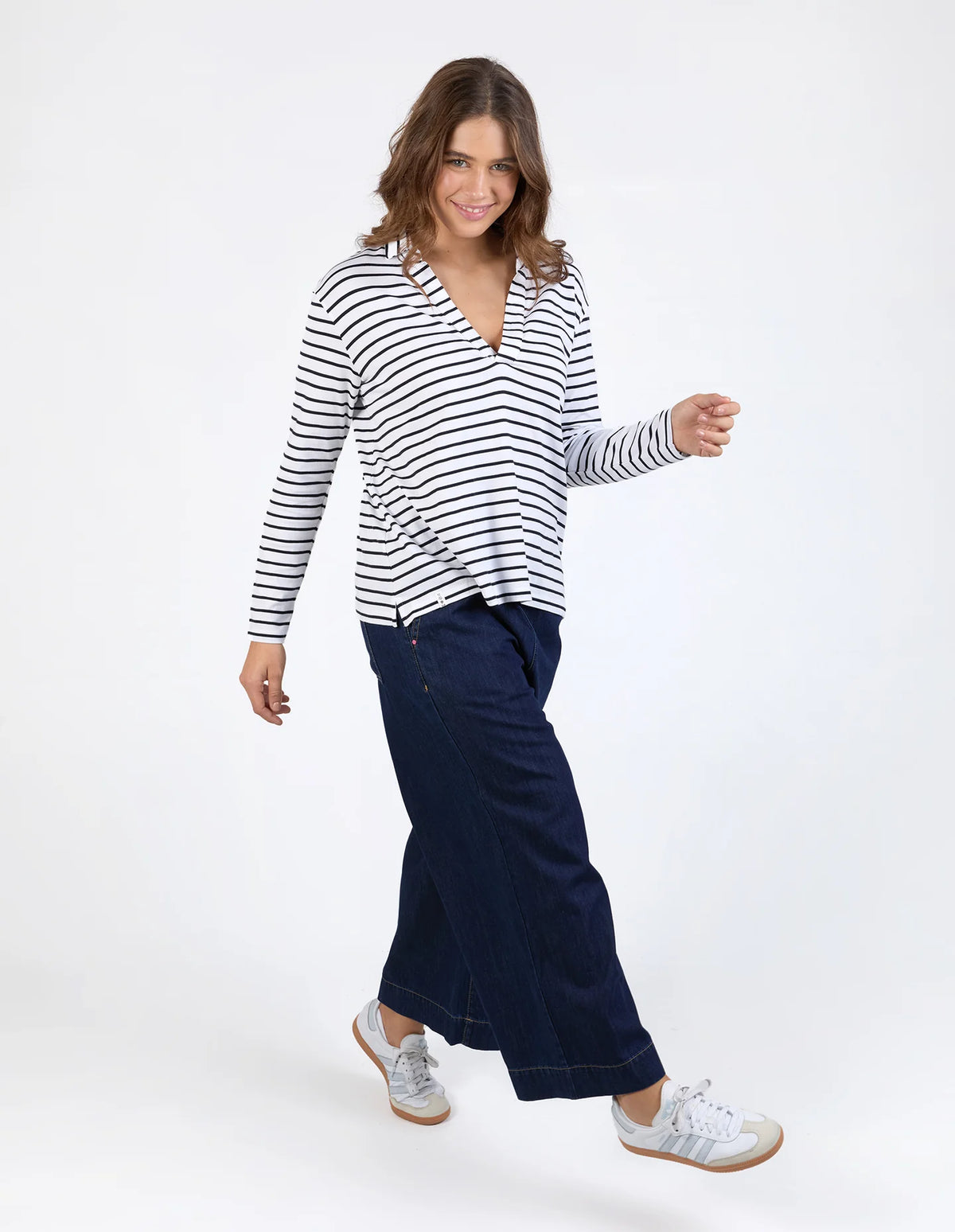 Francesca L/S Henley / Navy & White Stripe
