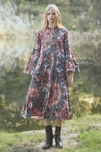 Tier and There Dress- Grey & Pink