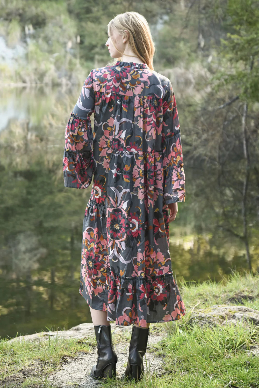 Tier and There Dress- Grey & Pink