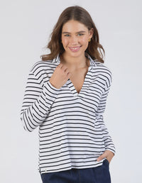 Francesca L/S Henley / Navy & White Stripe