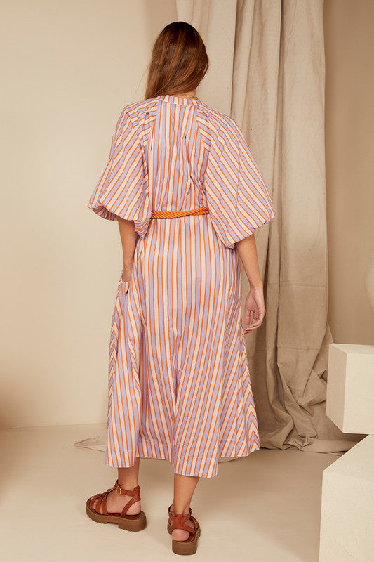 Pleated Neck Midi Dress / Candy Stripe