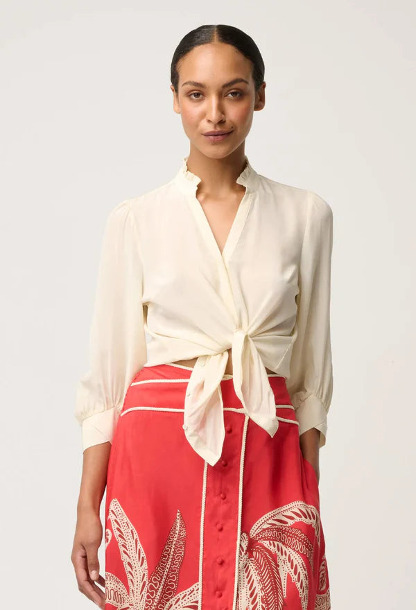 Chloe Silk Criss Cross Cuffed Shirt- Cloud