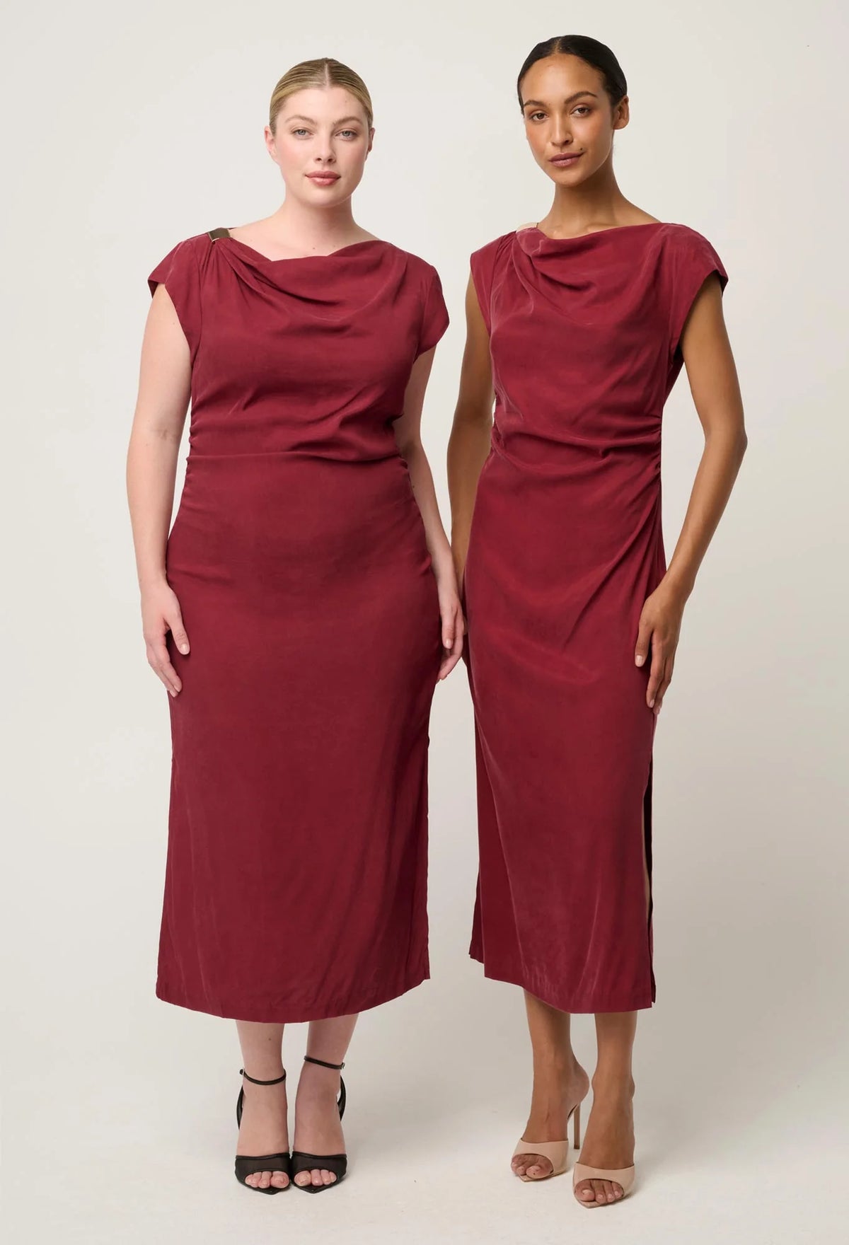Monique Draped Neck Cupro Viscose Stretch Gold Column Dress- Ruby