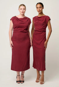 Monique Draped Neck Cupro Viscose Stretch Gold Column Dress- Ruby