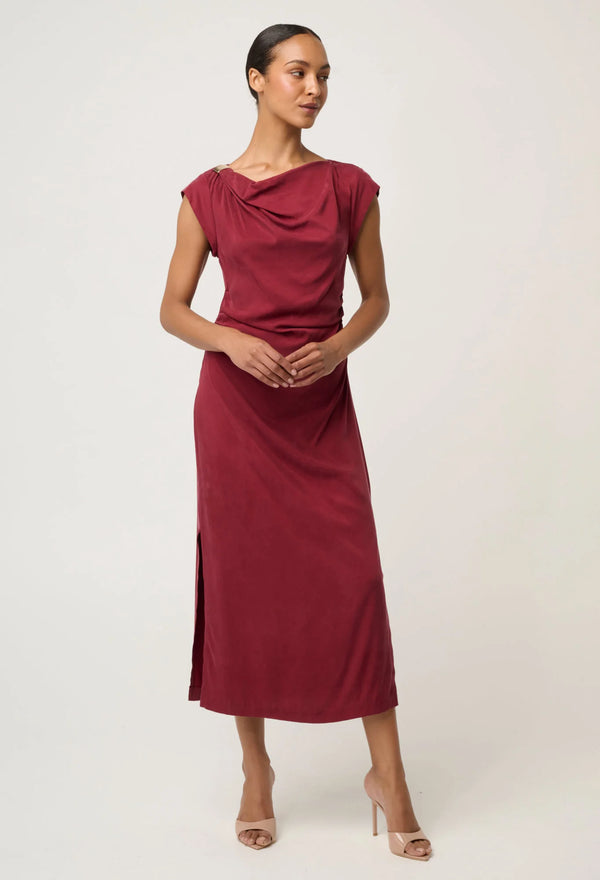 Monique Draped Neck Cupro Viscose Stretch Gold Column Dress- Ruby