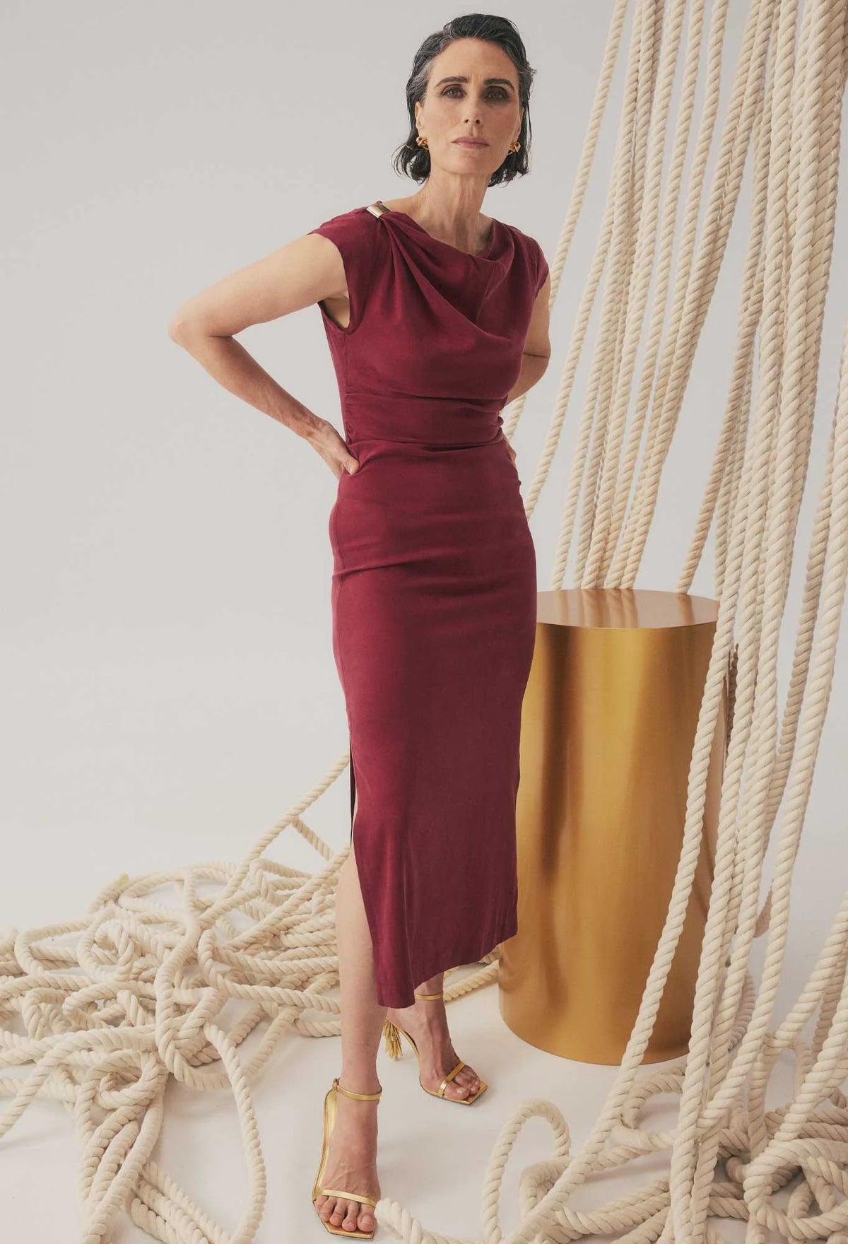 Monique Draped Neck Cupro Viscose Stretch Gold Column Dress- Ruby