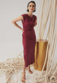 Monique Draped Neck Cupro Viscose Stretch Gold Column Dress- Ruby
