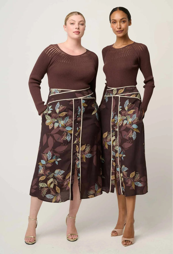 Harper Viscose Faille Criss Cross Waist Panel Skirt- Ember Vines