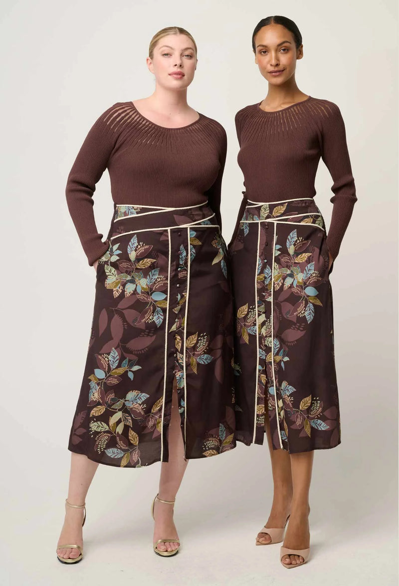 Harper Viscose Faille Criss Cross Waist Panel Skirt- Ember Vines