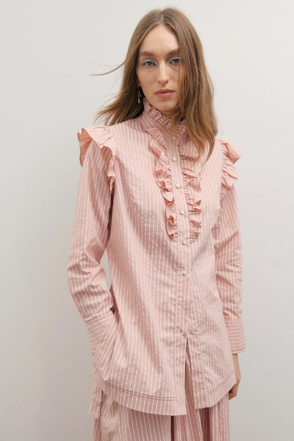 Rue LS Frill Shirt- Rosewater & Ivory Stripe