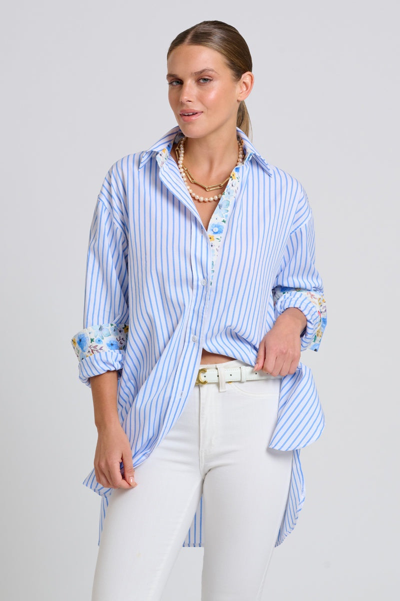 Bf Shirt White with Blue Stripe Floral Trim