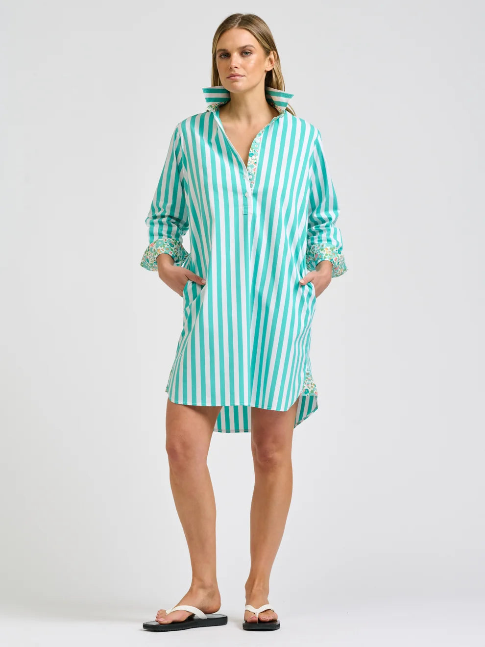 Claire Popover Shirt Dress - MARINE STRIPE / FLORAL