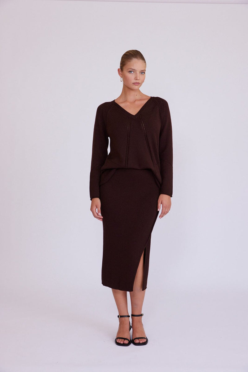 Asymmetrical Ribbed Pencil Skirt - Chocolate