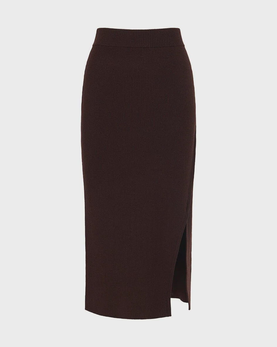 Asymmetrical Ribbed Pencil Skirt - Chocolate