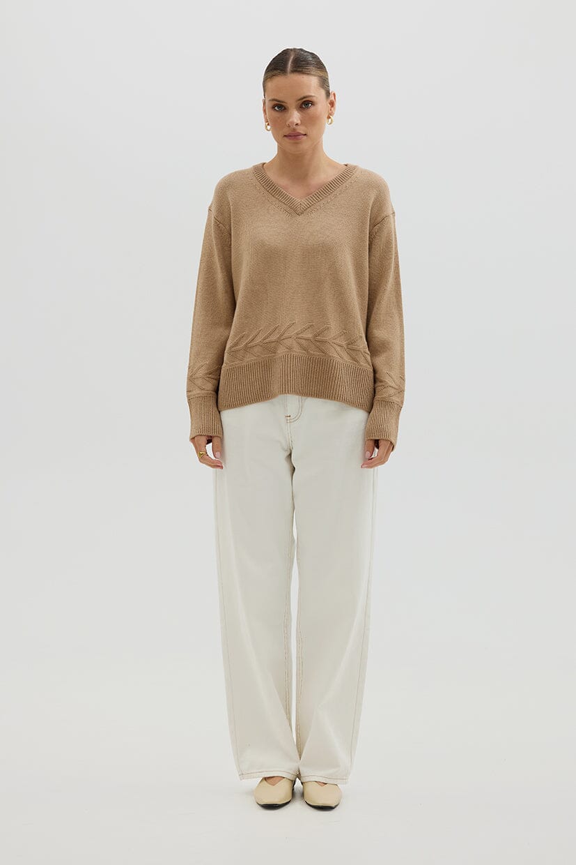 Chunky V Neck Sweater - Pale Toffee