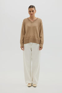 Chunky V Neck Sweater - Pale Toffee
