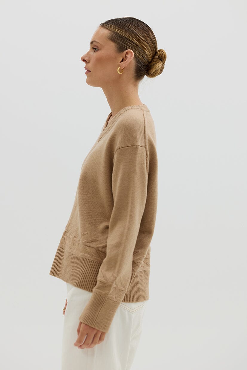 Chunky V Neck Sweater - Pale Toffee