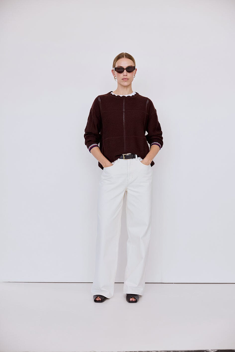Crochet Neck Stitch Interest Sweater - Chocolate