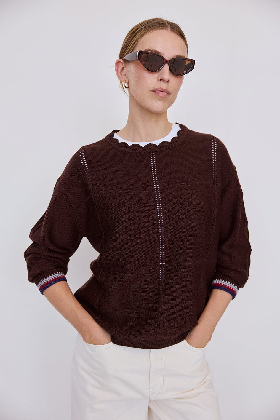 Crochet Neck Stitch Interest Sweater - Chocolate