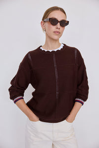 Crochet Neck Stitch Interest Sweater - Chocolate
