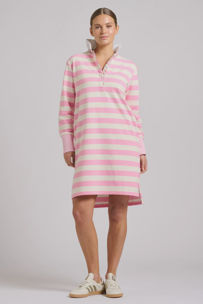 Rugby Frill Collar Dress / Pink & White Stripe
