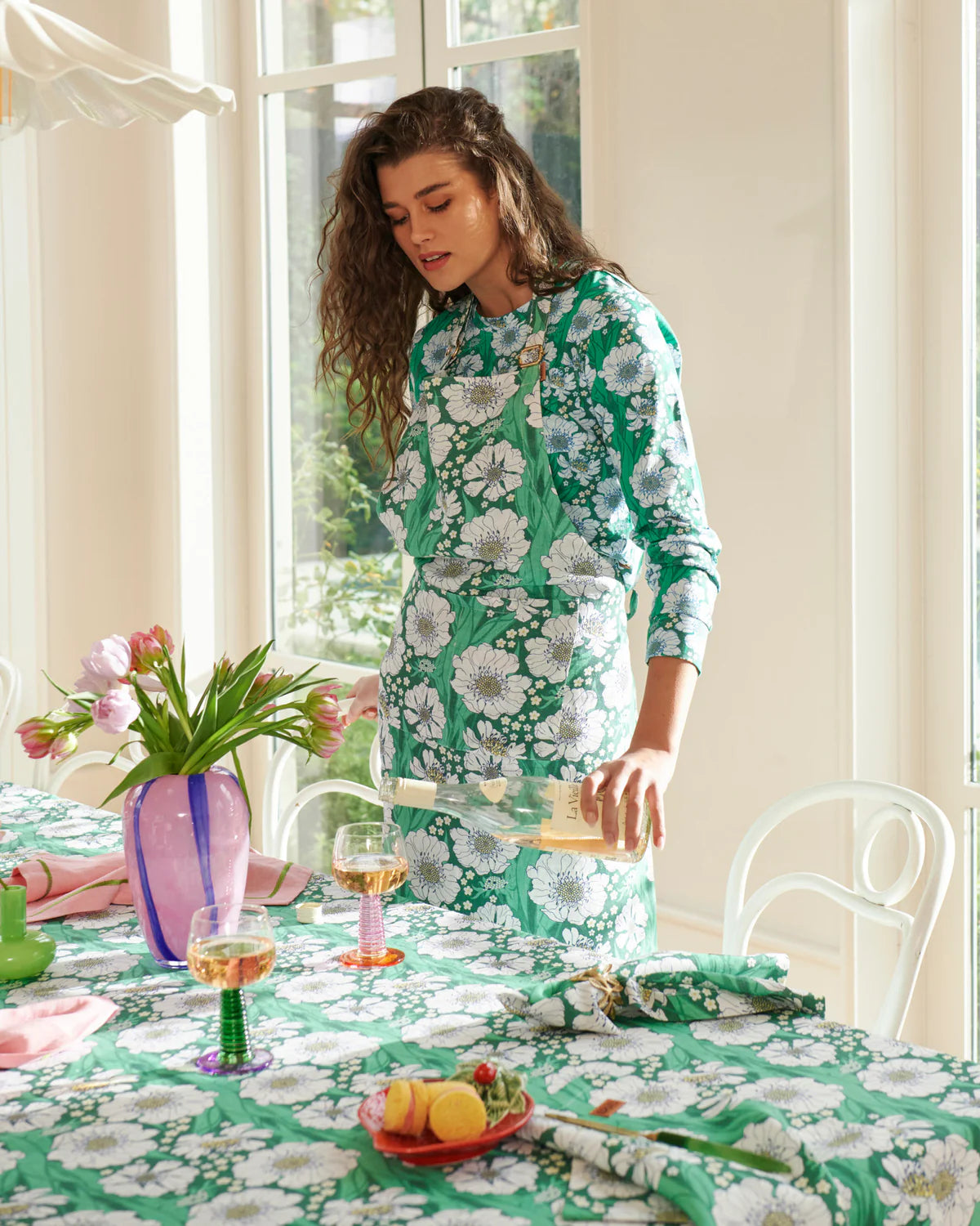 Tumbling Flowers Green Linen Tablecloth / Large Rectangular